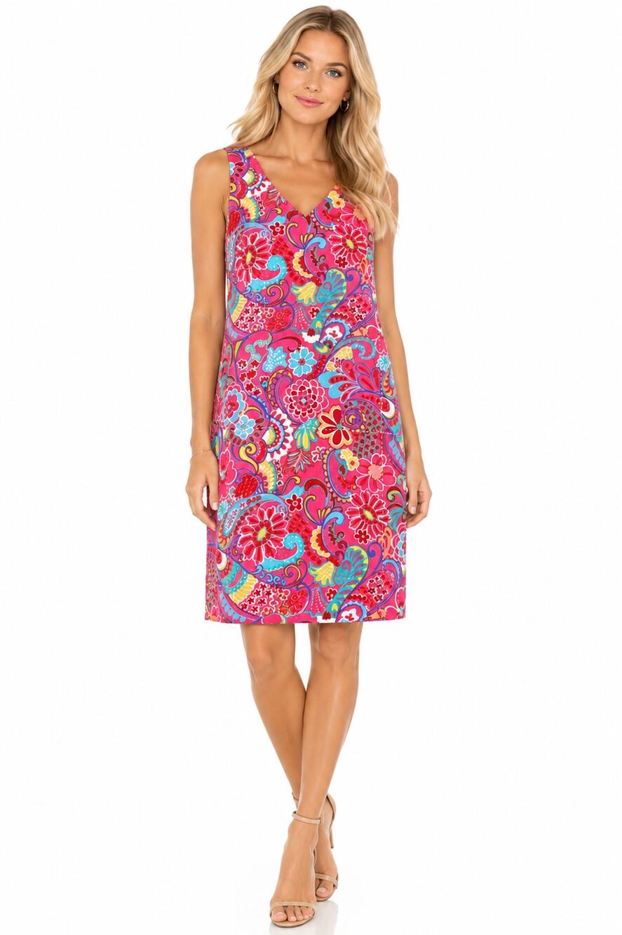Talbots Sz 8 Smooth Stretch Psychedelic 70s Paisley Floral Pink Tank Dress